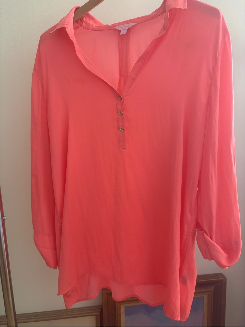 Lilly Pulitzer Everglades Coral Pink  Button-Front Collared Tunic Top, XL